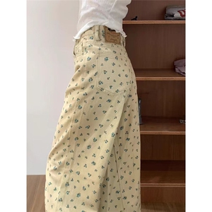 大码复古碎花直筒牛仔裤女2025新款设计感高腰高腰宽松阔腿裤图片