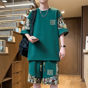 夏季刺绣T恤短裤两件套潮菠萝格休闲运动套装男A266-TZ8808-P50图片