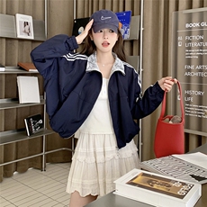 藏青色蕾丝拼接外套女2025春季新款学院风超好看休闲时尚夹克上衣，女装短外套，2C323