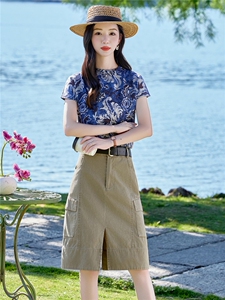 青花瓷印花短袖遮胯显瘦中长裙复古卡其色半裙2026年夏季图片