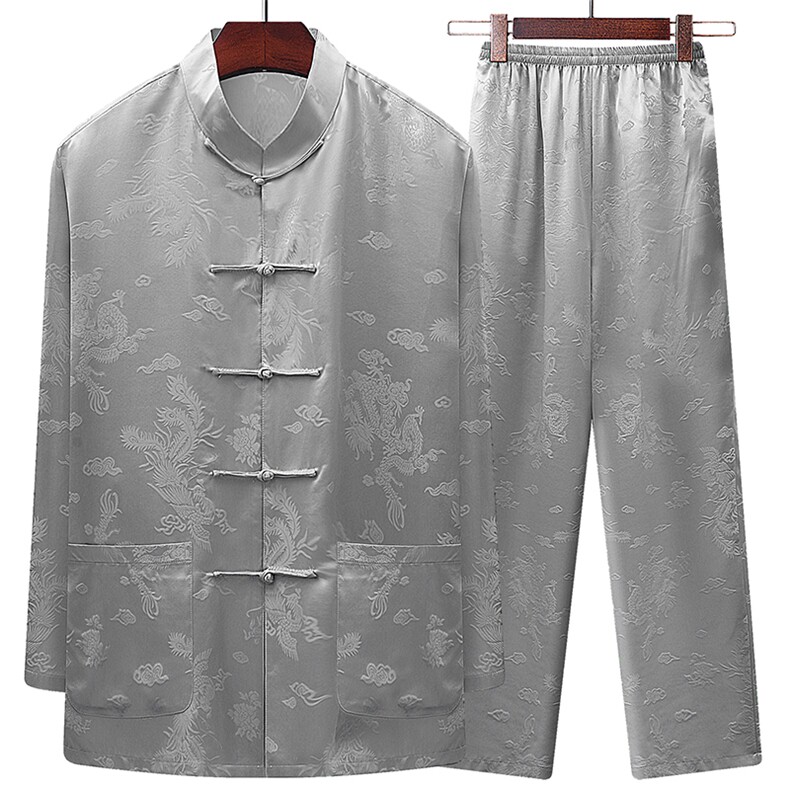 现货夏款中老年风唐装真丝绸长袖套装太极服套装,男装休闲套装,钱塘723