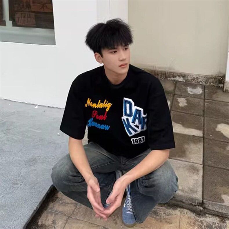 万针全刺绣工艺抖音得物高品质260克重磅纯棉双纱美式高街短袖T恤,男装T恤,电商A486