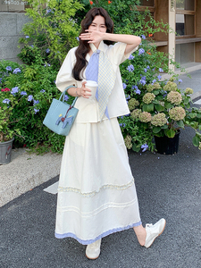 高级感V领上衣半身裙两件套女夏季新款气质显瘦温柔风套装连衣裙图片