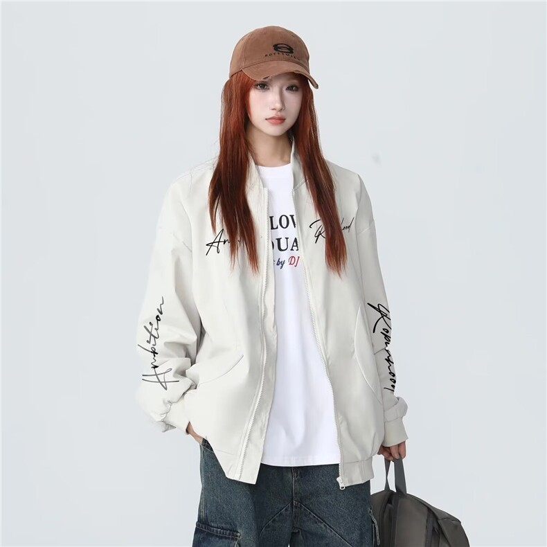 2025新年春秋季美式字母印花夹克外套拉链宽松百搭舒适棒球服男女图片