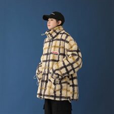 黄色格子羊羔毛大口袋外套男女冬季宽松短款加厚棉服mj400-p138，男装夹克，电商B288