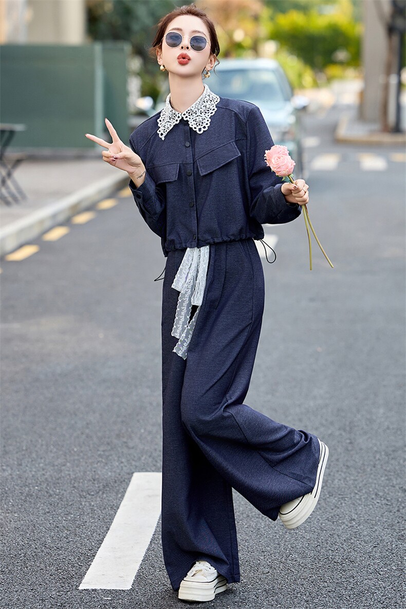 现货-休闲时尚套装女2025春秋新款洋气减龄气质百搭阔腿裤两件套,商品下架区,然然