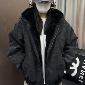 韩chic秋冬简约气质拉链百搭短款长袖连帽卫衣外套PU皮座山雕图片