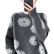 秋冬100%纯羊毛衫女圆领加厚拼色提花长袖毛衣宽松慵懒打底羊绒衫，女装羊毛衫，琳华羊绒
