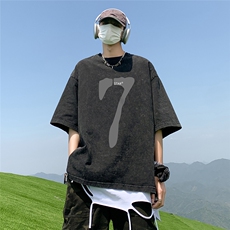 港风23夏季时尚百搭数字印花宽松水洗100棉短袖T恤T61020P40控58，男装T恤，电商A268A