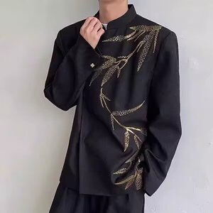 2026新中式风改良中山装痞帅西装外套网红同款竹子刺绣立领唐装图片