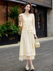 现货2026年春季新款女时尚气质优雅风通用蕾丝拼接两件套装连衣裙，女装套装/套裙，艾贝斯