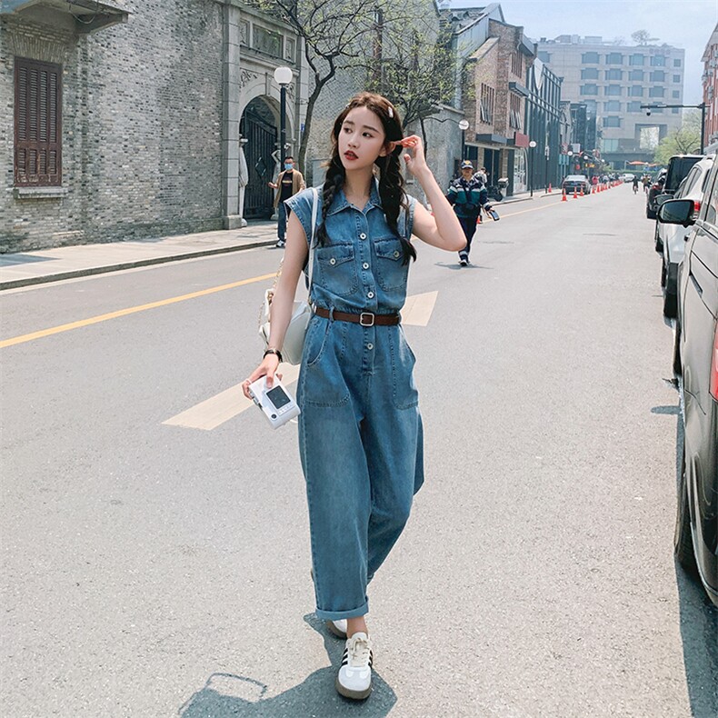 2024夏季新款简约潮流时尚气质翻领休闲舒适牛仔连体裤配皮带，女装连体裤，纯色衣恋