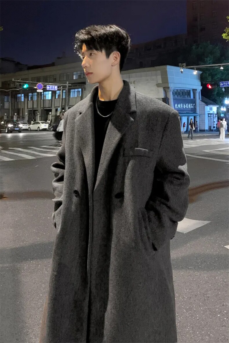 网图英伦风中长款过膝毛呢大衣外套垫肩高级感夹棉310A-342-P60，男装毛呢大衣，四季星座310A