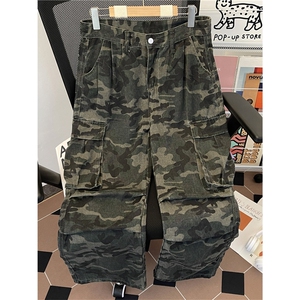 多口袋迷彩工装裤男春秋季复古宽松休闲褶皱阔腿直筒裤AMK86 P54图片