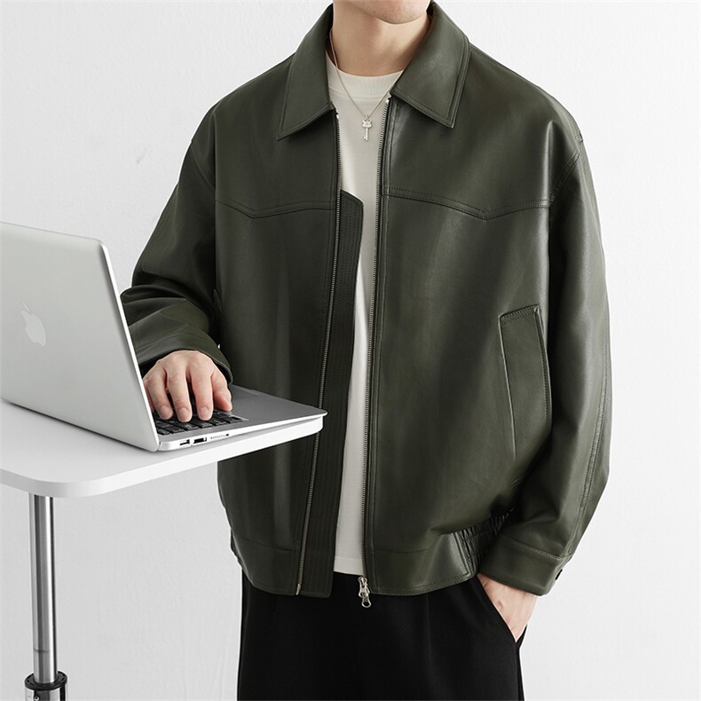 青年外套开衫上衣2025秋装新款男夹克翻领休闲宽松皮衣长袖，男装皮衣，星座914