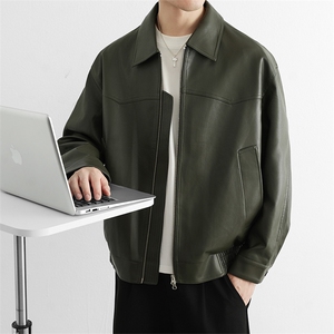 青年外套开衫上衣2025秋装新款男夹克翻领休闲宽松皮衣长袖,男装皮衣,星座914