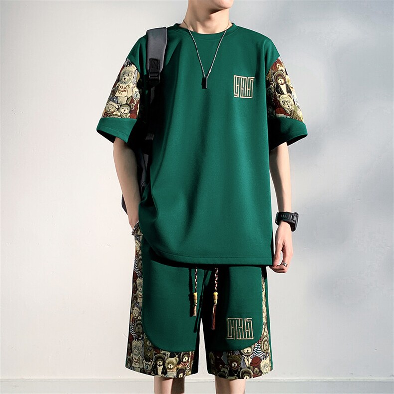 夏季菠萝格休闲运动套装男刺绣T恤短裤两件套潮A266-TZ8808-P50图片