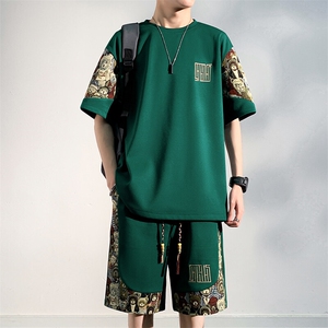 夏季菠萝格休闲运动套装男刺绣T恤短裤两件套潮A266-TZ8808-P50图片