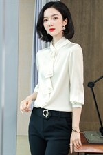 立领荷叶边真丝衬衫女长袖丝绸通勤春装木耳边真丝上衣衬衣气质，女装衬衫，阿舍尔精品