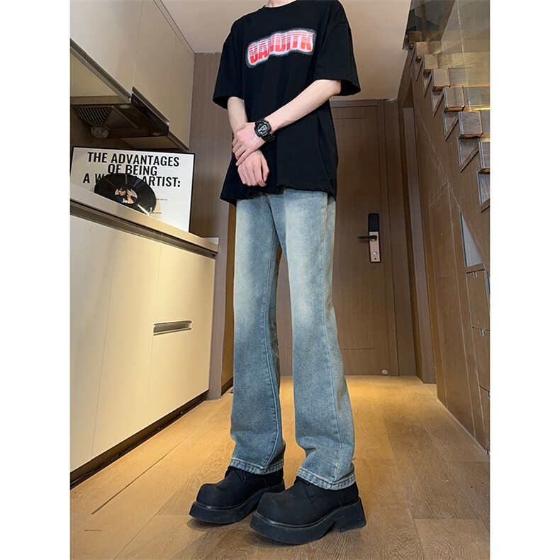 现货主推渐变复古蓝微喇直筒松紧腰休闲牛仔裤男女K5809-P50控69,男装牛仔裤,星座205
