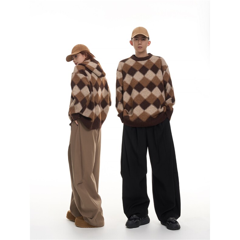 复古撞色菱格长袖情侣毛衣外套女2025冬韩系针织上衣潮MZ914-P64，男装针织衫/毛衣，星座412-3