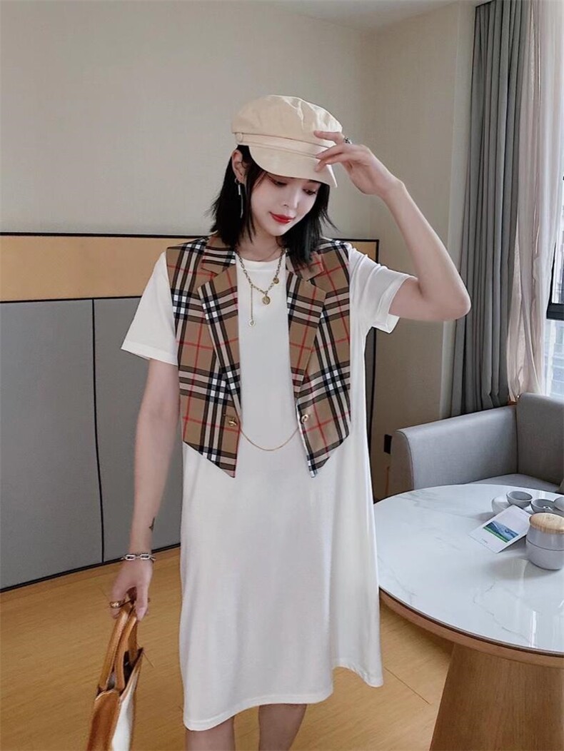 ［爱美欧］夏季新款格子批肩两件套显瘦连衣裙，女装连衣裙，爱美欧