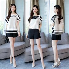 套装/套裙2021年夏季圆领短袖韩版优雅时尚拼接条纹，女装蕾丝衫/雪纺衫，曼娅璐