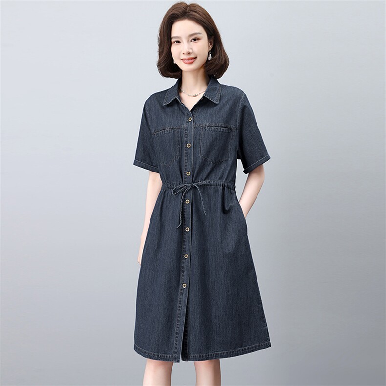 休闲牛仔连衣裙女2024年夏季新款妈妈中长款收腰显瘦翻领短袖裙子，女装牛仔裙，韩派
