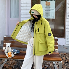 黄色连帽工装派克羽绒服女2025年冬季外套高级感韩系小个子白鸭绒，女装羽绒服，2C218