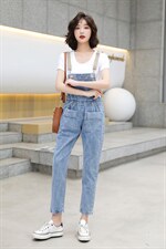 牛仔背带裤女高腰显瘦宽松牛仔背带裤吊带裤连体长裤子{码子偏小}，女装牛仔裤，布衣桑
