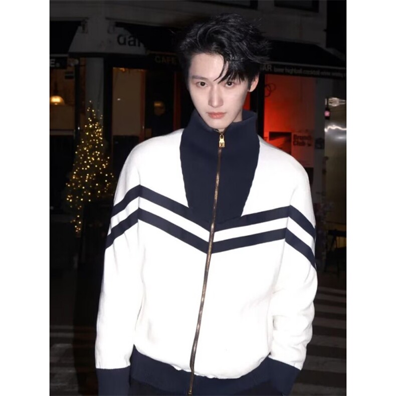 2025秋冬新款轻奢复古条纹立领拉链针织衫男撞色设计百搭毛衣，男装针织衫/毛衣，四季星座505