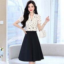 2022夏装新款气质淑女短款印花翻领上衣搭配半身裙两件套，女装套装/套裙，芭米依尚