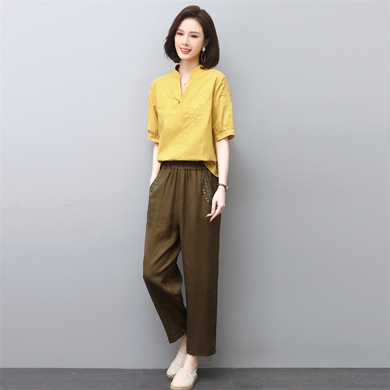 休闲棉麻套装女2024夏季新款宽松妈妈减龄遮肉显瘦刺绣亚麻两件套,女装套装/套裙,涵誉