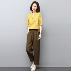 休闲棉麻套装女2024夏季新款宽松妈妈减龄遮肉显瘦刺绣亚麻两件套，女装套装/套裙，涵誉