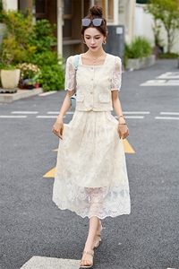 法式小香风蕾丝套装裙女2025夏季新款高级感时尚气质半身裙两件套图片