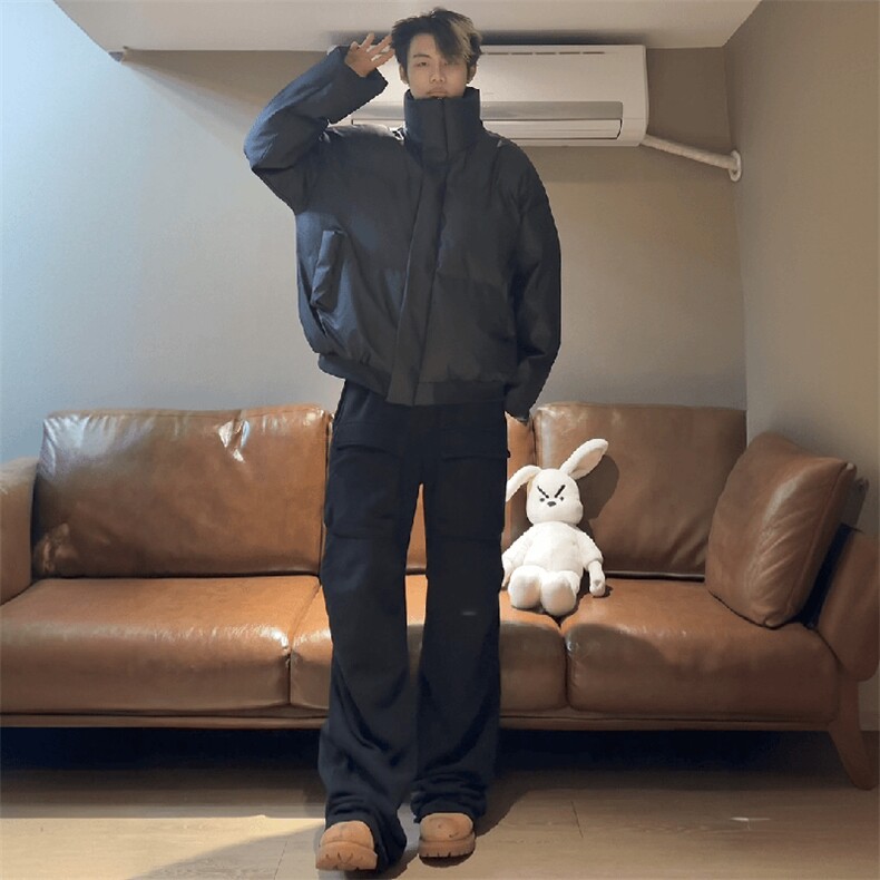 现货5W件冬季三防重磅硬挺boxy短款羽绒立领PU皮棉衣外套加厚棉服,男装棉衣,电商A486-1