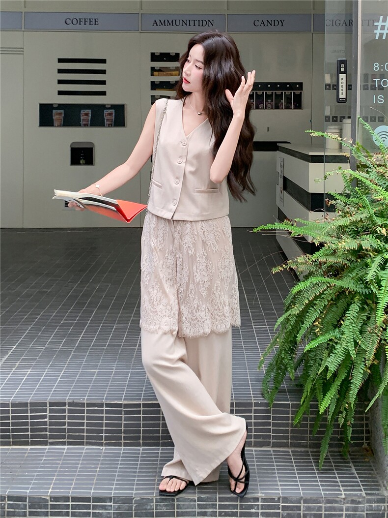 韩系松弛感蕾丝拼接马甲套装女2026夏季新款休闲阔腿裤两件套,女装套装/套裙,冬木谷雨