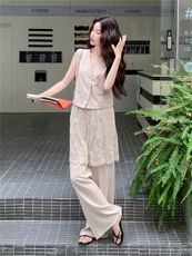 韩系松弛感蕾丝拼接马甲套装女2026夏季新款休闲阔腿裤两件套，女装套装/套裙，冬木谷雨