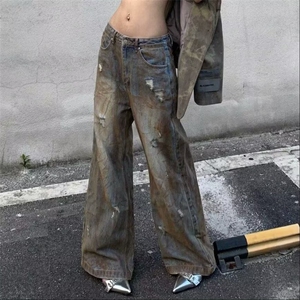 破洞牛仔裤男夏季薄款扎染美式hiphop阔腿裤高街复古宽松直图片
