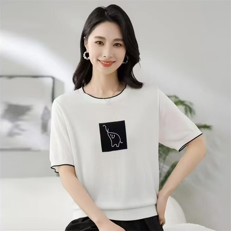 夏季新款简约时尚百搭小象提花天丝短袖,女装T恤,尚雪电商供货