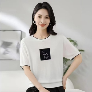 夏季新款简约时尚百搭小象提花天丝短袖图片