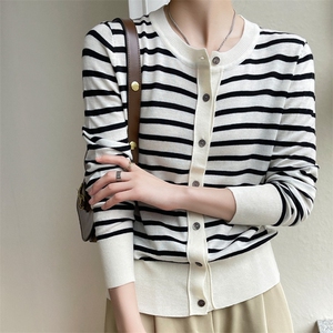 25新款条纹羊毛针织开衫外套女撞色宽松圆领上衣长袖薄款毛衣外搭图片