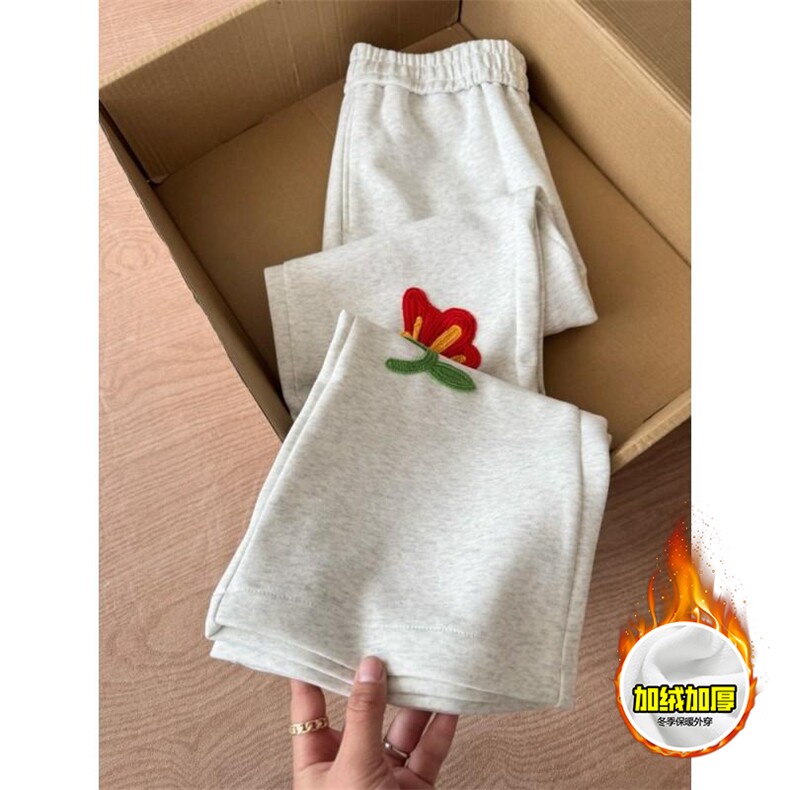 抖音得物高品质秋冬季重磅花卉刺绣潮流运动宽松加绒直筒休闲卫裤，男装休闲裤，电商A486-1