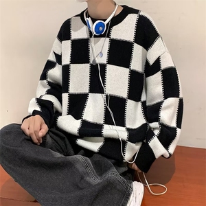 美式复古棋盘格毛衣男港风超火宽松针织衫情侣秋季毛衣 M717-P35图片