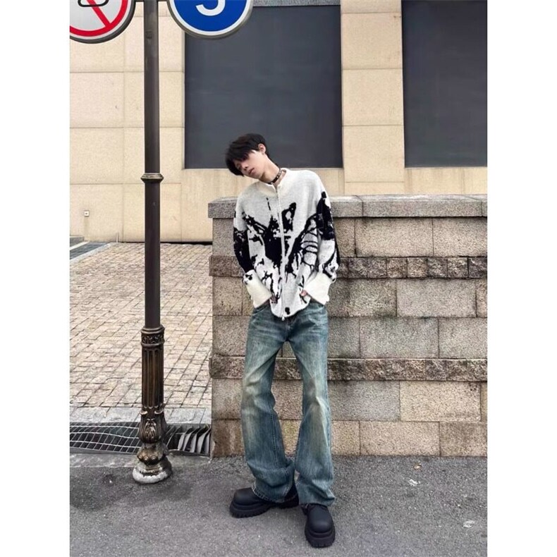 美式渐变蝴蝶仿貂毛拉链针织开衫毛衣外套MY560特P63,男装针织衫/毛衣,星座908-1