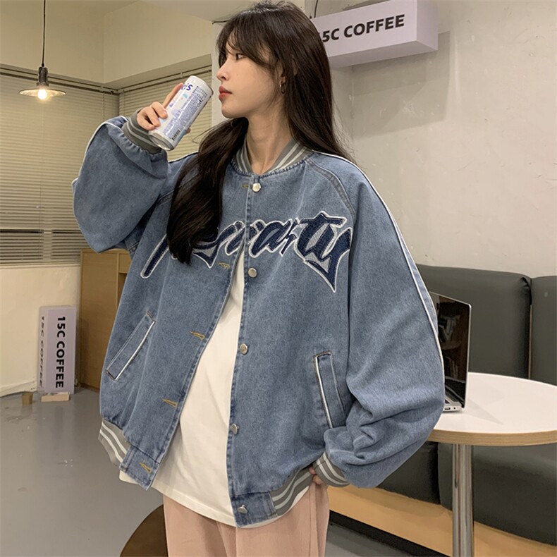 A165-P80慵懒风棒球服宽松显瘦学生复古港风小个子牛仔外套,男装工装外套,星座911