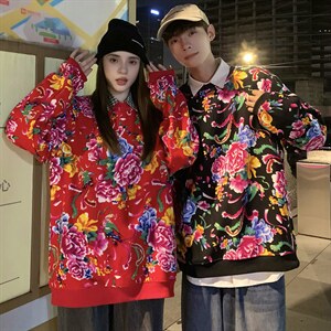 B203情侣圆领长袖卫衣外套男女学生班服团队服大码风东北花衣图片