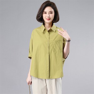 纯棉衬衫女五分袖夏季薄款2022新款宽松中年妈妈休闲法式短袖衬衣图片