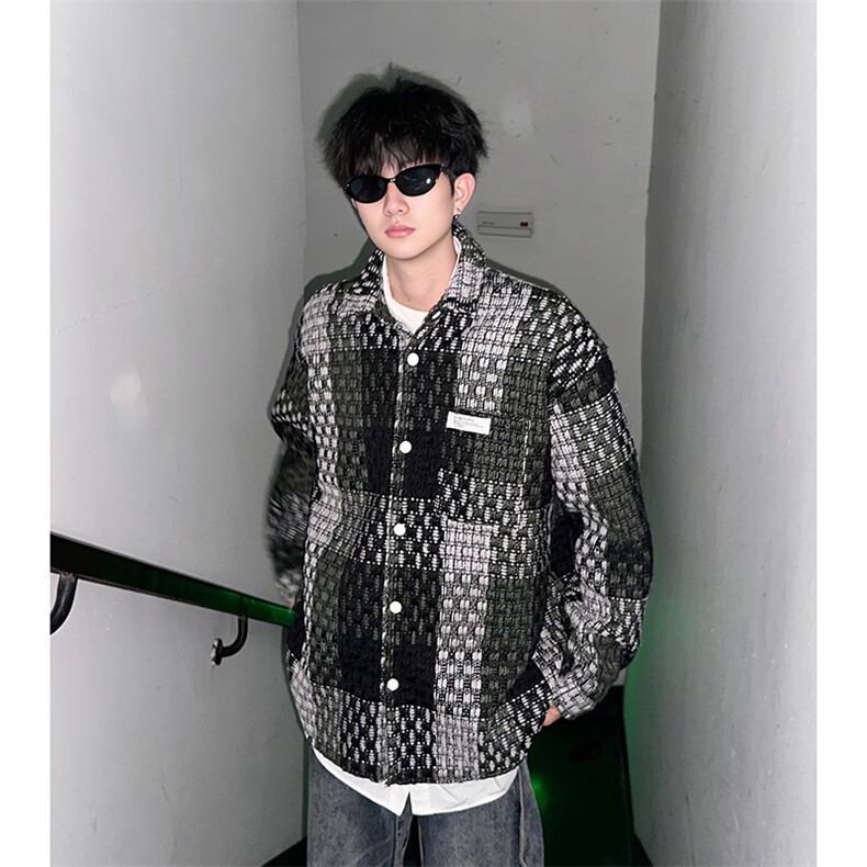 视频图-小香风外套男时尚潮流拼色编织格子上衣 8893-P70图片