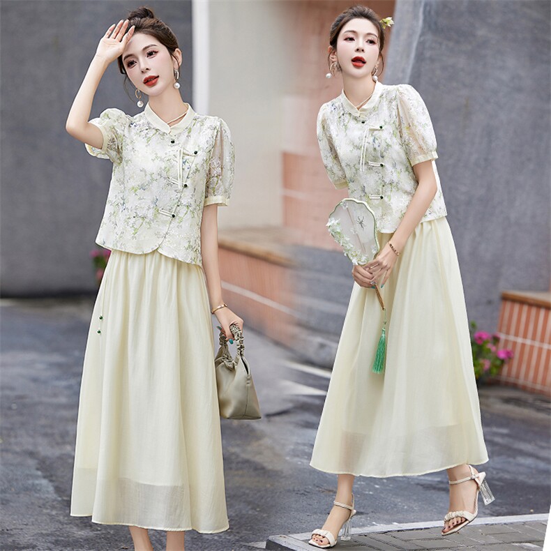 新中式G风刺绣盘扣套装裙女2025夏季新款一整套穿搭半身裙两件套，女装套装/套裙，奕薇雅